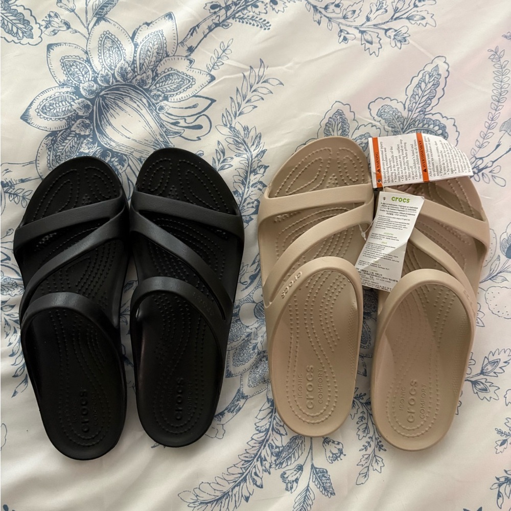 CROCS Black NWOT and Tan NWT Slide Sandals  BOTH PAIRS FOR SALE TOGETHER Size 9